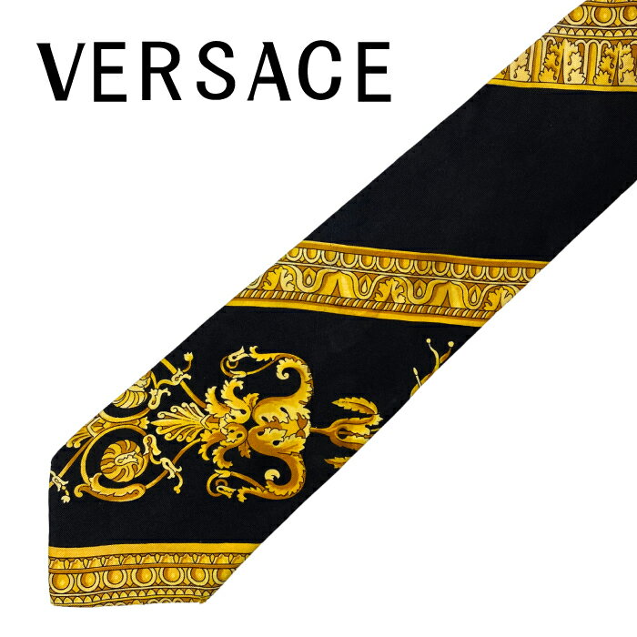 【中古】VERSACE ネクタイ ベルサーチ ヴェルサーチェ【傷や使用感が目立つ】メンズ ブラック×イエロー ネクタイ【剣先幅：9.5cm】 r-ve-t-0068-02 ブランド