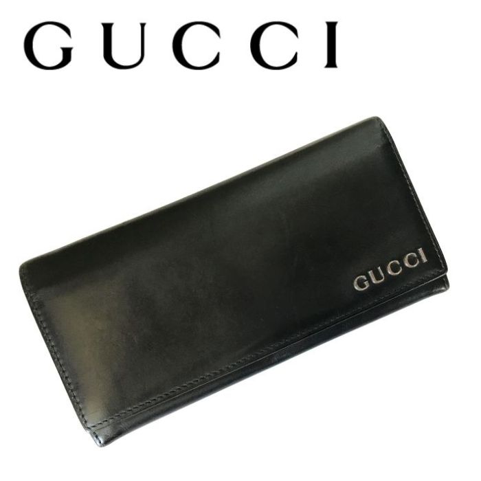 GUCCI - 【中古】GUCCI グッチ 二つ折り 長財布【やや傷や使用感あり】札入れ 小銭入れ レザー ブラック メンズ レディース ブランド r-gg-w-p250116-01