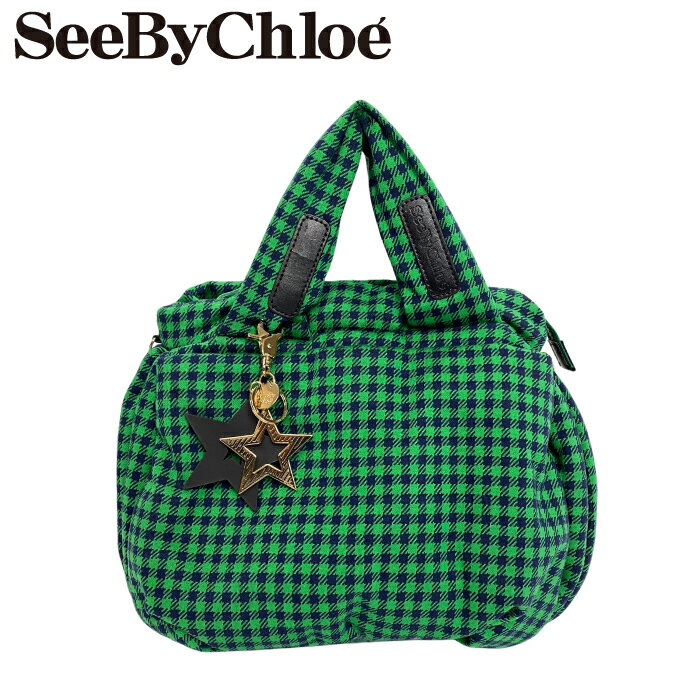 【中古】SEE BY Chloe トートバッグ シーバイクロエ 【非常に良い】メンズ&レディース 鞄 手提げ グリーン×ネイビーチェック柄 r-sbc-b-0577-01 ブランド