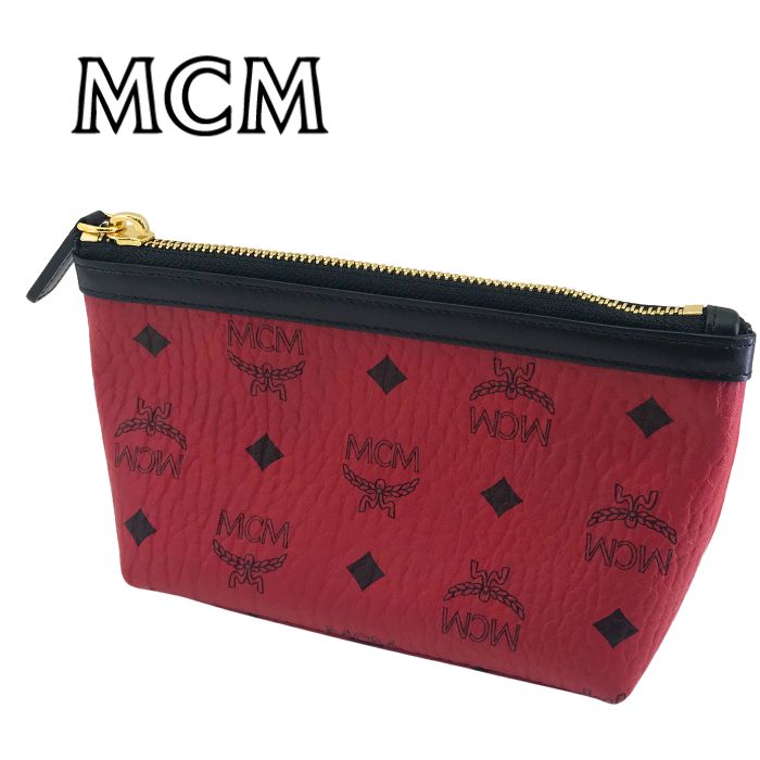 【中古】MCM エムシーエム ポーチ【ほぼ新品】化粧ポーチ コスメポーチ 小物入れ モノグラム柄 レッド 男性用 女性用 メンズ レディース ブランド r-mcm-p-j260716-01