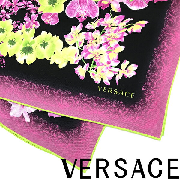 VERSACE スカーフ ベルサーチ ヴェルサーチェ メンズ&レディース メドゥーサ オーキッド シルク ブラック×ピンクプリント 1001601-1A06726-5B100 ブランド ストール ショール