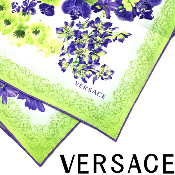 ヴェルサーチ マフラー VERSACE スカーフ ベルサーチ ヴェルサーチェ メンズ&レディース メドゥーサ オーキッド シルク ホワイト×グリーンプリント 1001601-1A06726-5W270 ブランド ストール ショール