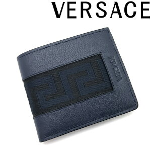 VERSACE 財布 ベルサーチ ヴェルサーチェ メンズ&レディース グレカ 二つ折り レザー ネイビー×ブラック DPU6737-1A02649-2UC5E ブランド／バレンタインデー ホワイトデー プレゼント 就職祝い 男性 女性