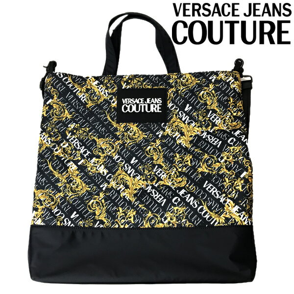 VERSACE JEANS COUTURE トートバッグ ベルサーチ ヴェルサーチェ ジーンズ クチュール メンズ&レディース ロゴ トート ブラック×ホワイト×ゴールド 73YA4BF2-ZS395-G89 ブランド 手提げ鞄