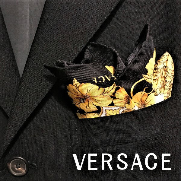 VERSACE ポケットチーフ ベルサーチ ヴェルサーチェ【人気モデル】メンズ ブラック×ゴールド IPO3301-IT03101-I7900 ブランド お洒落 高級 ハンカチ