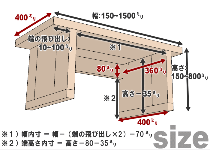 OLD ASHIBA（足場板古材）ベンチシェルフAタイプ（両端の飛び出し10〜100mmから指定可）【セミオーダーサイズ】幅910〜1050mm×高さ150〜335mm×奥行400mm〈受注生産〉