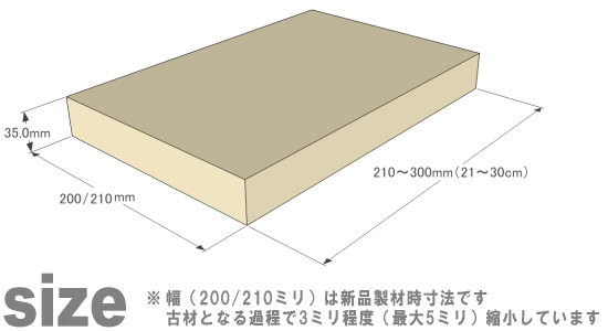 足場板 古材 サンディング仕上げ 長さ30センチ カット 無料 面取り済OLD ASHIBA フリー板 手磨き仕上げ(なめらかタイプ)厚35mm×幅200/210mm×長さ210〜300mm　無塗装〈受注生産〉 【小型商品】