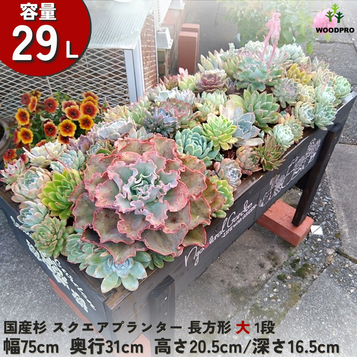 スクエア プランター長方形大1段幅75cm×奥行31cm×高さ20.5cm/深さ16.5cm 容量29Lプランター単体/プランター＋専用脚セット木製プランター 大型 屋外 家庭菜園 園芸用品 野菜 おしゃれ 鉢 カバー ウッドプランター 日本製