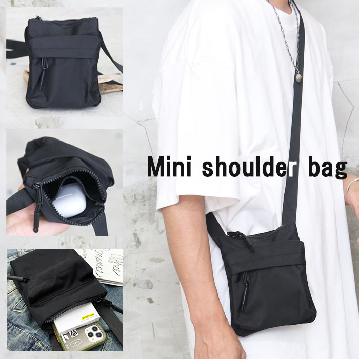 Rakuten - 【スーパーセール｜最大2,000円OFFクーポン】ショルダーバッグ メンズ [M便 1/1] 男女兼用 ミニバッグ ミニショルダー バッグ 無地 ブラック 黒 斜め掛け 肩掛け 軽量 BAG かばん カバン 鞄 サブバッグ 旅行用 通勤 通学 キャンプ アウト