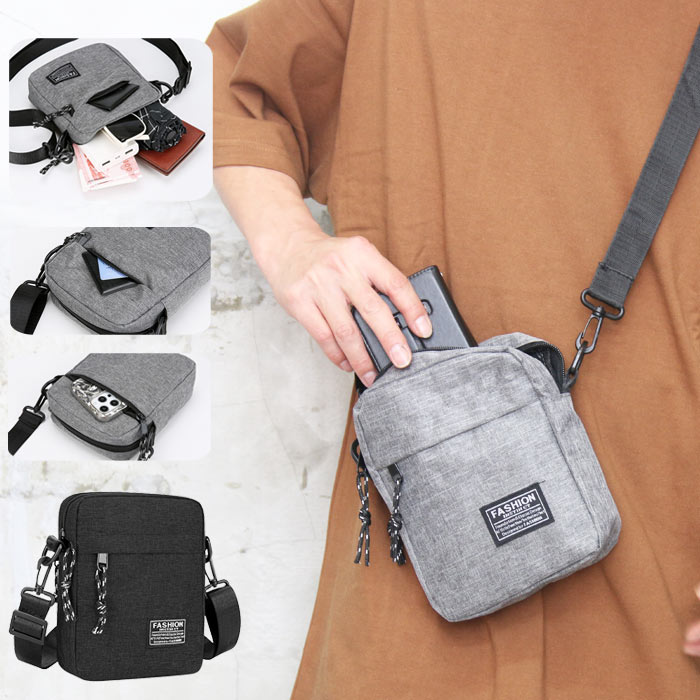 【MAX2000円OFFクーポン！10日迄】 ショルダーバッグ メンズ [M便 1/1] 男女兼用 ミニバッグ ミニショルダー バッグ 無地 ブラック グレー 黒 斜め掛け 肩掛け 軽量 BAG かばん カバン 鞄 サブバッグ 旅行 通勤 通学 キャンプ アウ(4.0)