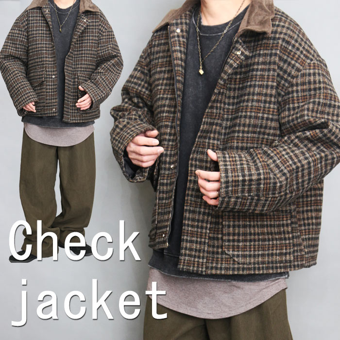 チェック柄ジャケット メンズ 中綿ジャケット 防寒ジャケット ウール混ジャケット メンズファッション ブラック 黒 秋服 冬服 メンズ アウター ジャケット チェック 格子 ビッグ 大きい オーバーサイズ 体型カバー ウール混 肉厚 中綿 キルティング 裏地