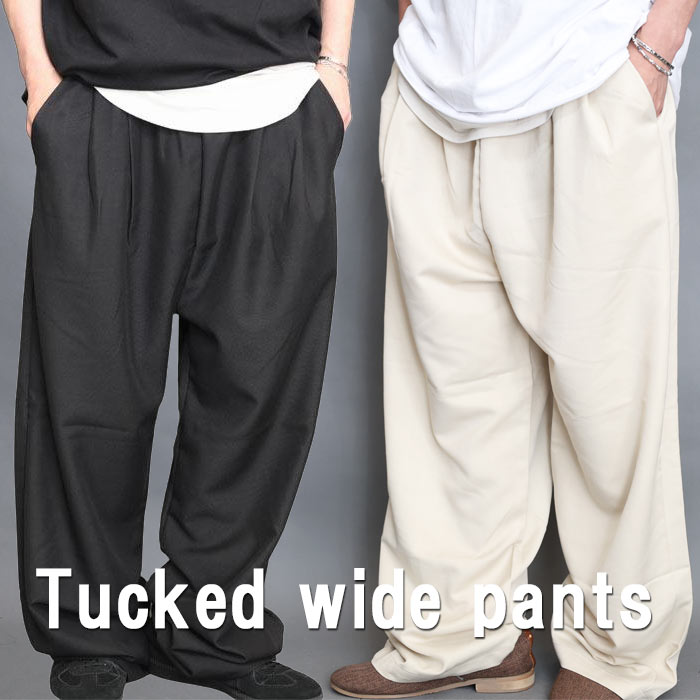 Two Tuck - 【お買い物マラソン限定｜最大2,000円OFFクーポン】ワイドパンツ メンズ [M便 1/1] タック入り ズボン スラックス ダボパン ダボダボ パンツ ズボン ストレート ワイド 無地 ブラック 黒 ベージュ 大きいサイズ ゆったり 春服 夏服 秋服 スト