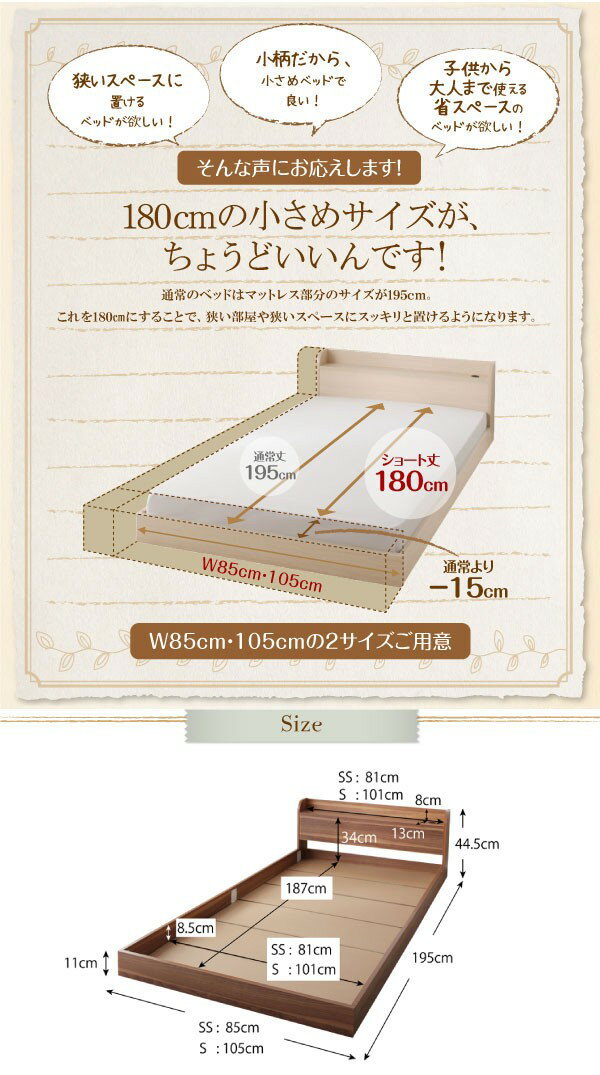 セミシングルベッド 一人暮らし コンパクト ショート丈 SS 小さい ミニ 省スペース フレーム ローベッド ロータイプ フロア 低床 低い 短い 小さめ 宮 ヘッドボード 枕元 棚 携帯 ティッシュ メガネ リモコン 頭上 収納 コンセント スマホ 充電 ヴィンテージ モダン レトロ [3]