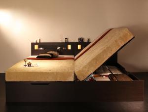 セミダブルベッド 一人暮らし SD マットレス付き 跳ね上げ式ベッド ガス圧 ベッド下 収納付き 大容量 宮 ヘッドボード 枕元 棚 ラック 携帯 ティッシュ メガネ リモコン 頭上 収納 照明 読書灯 ライト 電気 コンセント ゲーム スマホ 充電 デザイナーズ ホテル モダン 高級