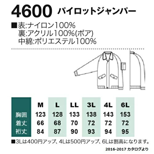 ドカジャン　防寒ジャンパー　防寒服　防寒着　作業着　大きいサイズシリーズ　防寒ジャンパー　ソウワ(桑和・sowa)の防寒着　表生地に撥水・ナイロン素材、裏地にアクリルボアを使用　BIGSIZE/BIGサイズ/3L/4L/6Lパイロットジャンパー【ドカジャン】