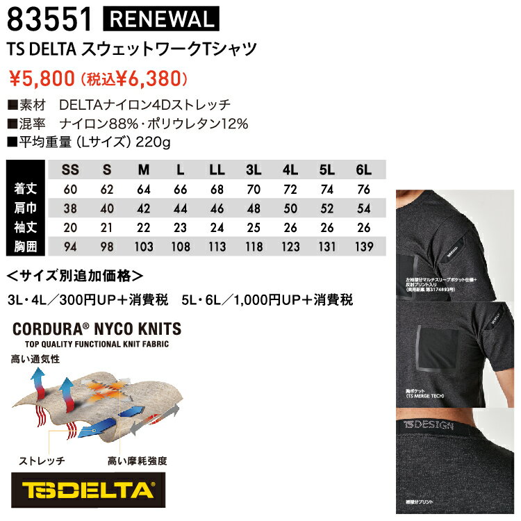 TS DESIGN ティーエスデザイン 藤和 83551 TS　DELTAスウェットワークTシャツ SS S M L LL オールシーズン対応ワークウェア 作業着 作業服 セール中！！