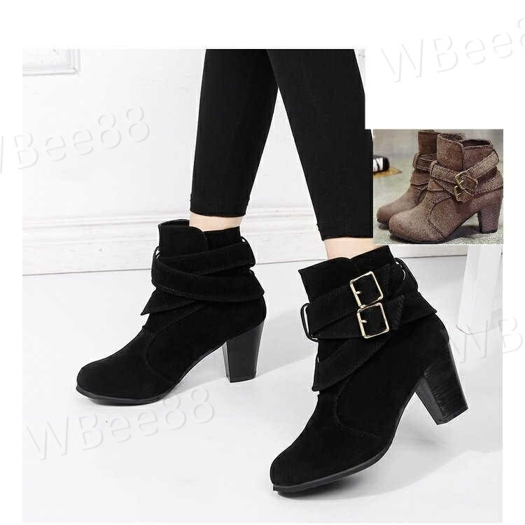 Fur - ショートブーツ レディース ショート丈 ブーティー ブーツ ミドルヒール 歩きやすい 痛くない 秋 冬 婦人靴 無地 大きいサイズあり 黒