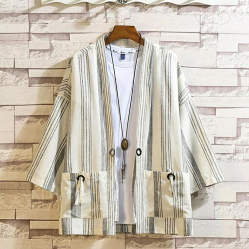 和風 甚平 メンズ カーディガン 長袖 ストライプ柄 薄手 和柄 和服 夏 春 着物 ポケット付き 羽織 肩掛け カジュアル 大きいサイズ ゆったり トップス 春夏秋