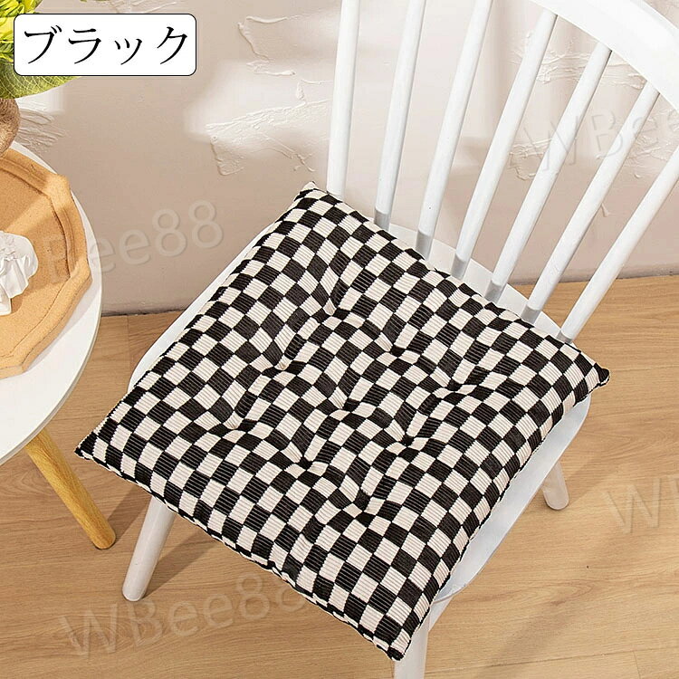 チェアパッド マット 40*40cm コーデュロイ フロアクッション 座布団 おしゃれ 正方形 チェック柄 クッション 紐付き チェアマット 高反発 四角形 椅子用 ひも付き 座布団 シートクッション 蒲団 畳 和室 リビング 寝室 在宅勤務 洗える 厚手 滑り止め 床暖房対応 全5色 [3]