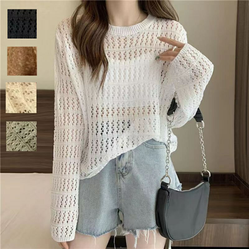 ニット インナー付き 長袖 レースアップ 重ね着 ルーズ 透かし編み 透け感 トップス 2点セット レイヤード XL ゆったり サマーニット 背中あき 春秋 かぎ編み 背中あき カットソー プルオーバー 韓国 トレンド S M L 2XL レディース