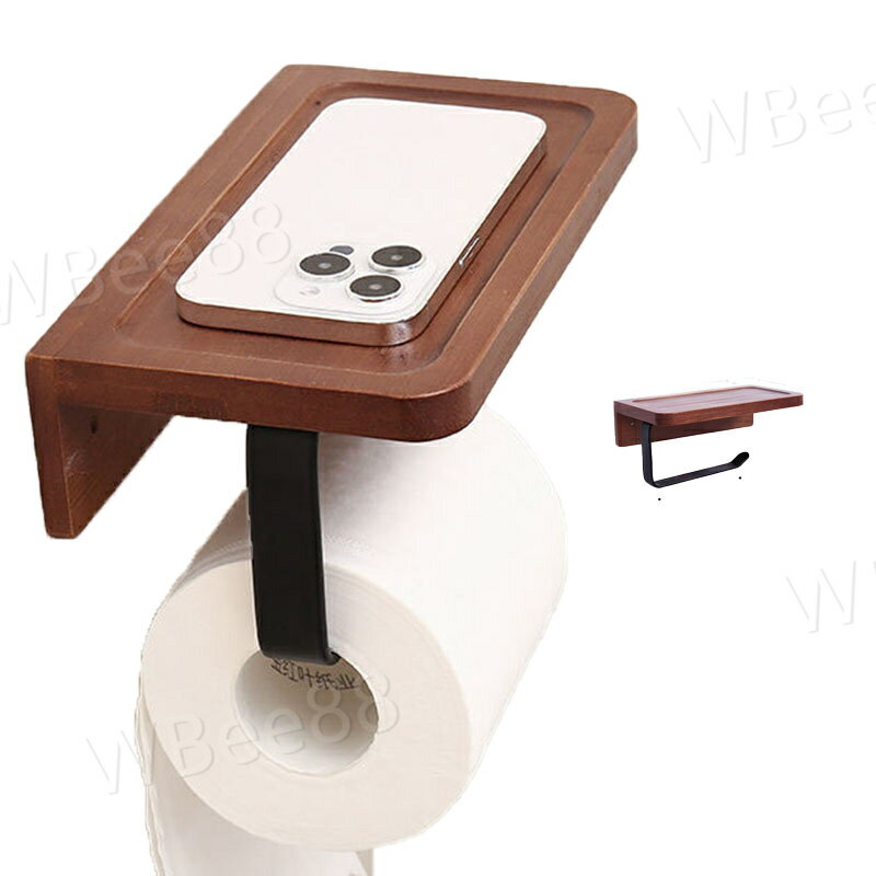 トイレットペーパーホルダー 紙巻器 木製 スタンド ティッシュペーパー ウォールシェルフ ペーパータオル 小物置き 浴室用 壁掛け ラック トイレ キッチン 収納 壁 棚板付き