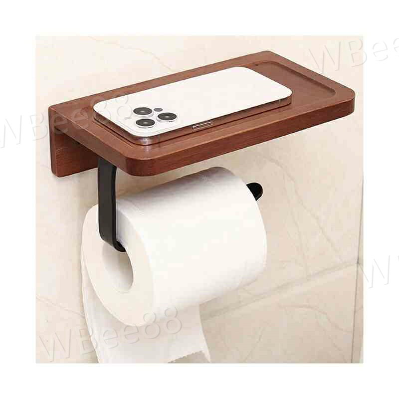 WBee88のトイレットペーパーホルダー 紙巻器 木製 スタンド ティッシュペーパー ウォールシェルフ ペーパータオル 小物置き 浴室用 壁掛け ラック トイレ キッチン 収納 壁 棚板付き｜アングル3