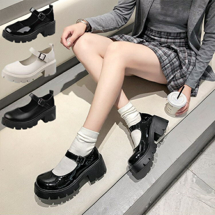 厚底シューズ 5cmヒール ローファー 厚底 ストラップ パンプス 学生 女子 学生靴 レディース 光沢 つや ツヤ スクールシューズ 定番 フォーマル 通勤 通学 入学式 制服 コスプレ メイド ロリータ コスプレ 厚底パンプス