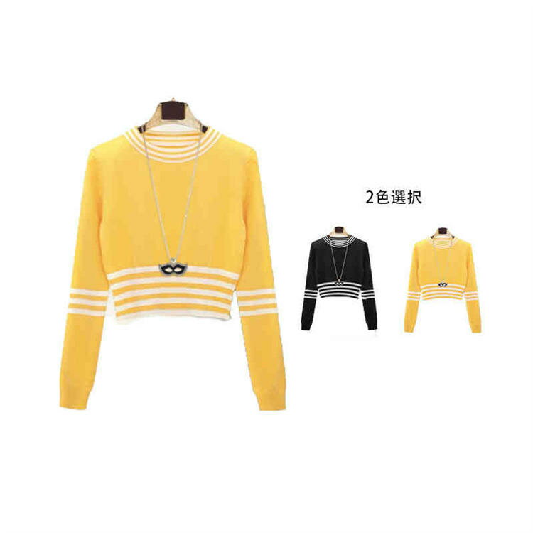 Tops - レディース ショ-ト丈 長袖 切り替え ニットセーター トップス インナーセーター 春 秋 冬 スタイル ニットボーダー 無地