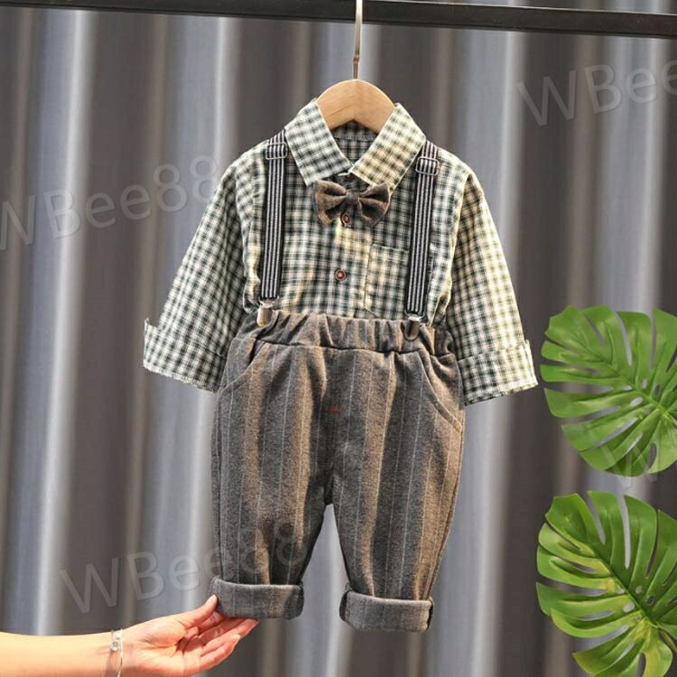 WBee88のキッズ フォーマル スーツ 子供 写真撮影 男の子 シャツ 長袖 上下セット 洋服 ベビー 赤ちゃん セットアップ チェック柄 可愛い 結婚式 七五三 入学式 入園式 卒園式 小学生 幼稚園 おしゃれ サスペンダー 子供の日｜アングル2