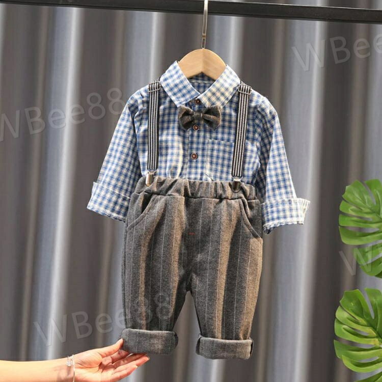 WBee88のキッズ フォーマル スーツ 子供 写真撮影 男の子 シャツ 長袖 上下セット 洋服 ベビー 赤ちゃん セットアップ チェック柄 可愛い 結婚式 七五三 入学式 入園式 卒園式 小学生 幼稚園 おしゃれ サスペンダー 子供の日｜アングル3