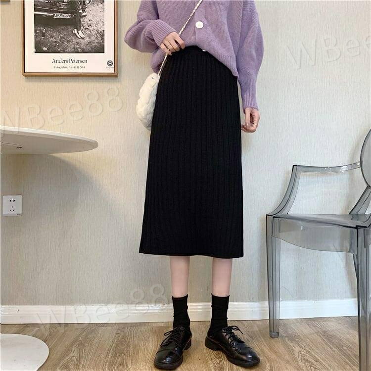 ロングスカート タイトスカート スカート レディース ボトムス リブ ニット ウエストゴム ストレッチ バックスリット ロング丈 ミモレ丈 カジュアル 春 秋 冬