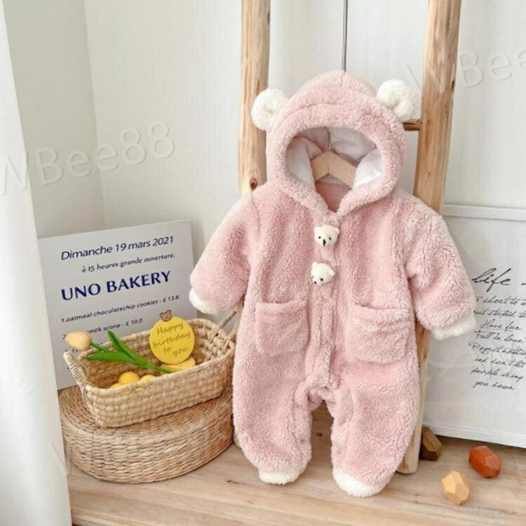 着ぐるみ くま カバーオール もこもこ ロンパース 防寒着 ベビー着ぐるみ カバーオール 男の子 女の子 男女共用 66cm 73cm 80cm 90cm ピンク キャメル