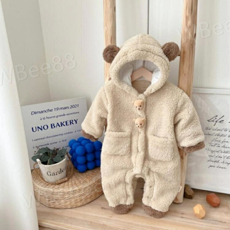 着ぐるみ くま カバーオール もこもこ ロンパース 防寒着 ベビー着ぐるみ カバーオール 男の子 女の子 男女共用 66cm 73cm 80cm 90cm ピンク キャメル