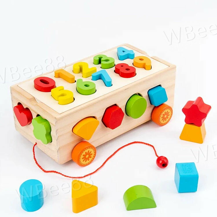 WBee88の積み木 デザインつみき 知育玩具 木製 積木 引き車 木のおもちゃ 型はめ パズル 女の子 男の子 ベビー 子供 1歳 2歳 3歳 室内 遊び 自宅用 出産祝い 赤ちゃん 数字 動物 果物 誕生日 プレゼント ギフト おしゃれ｜アングル2