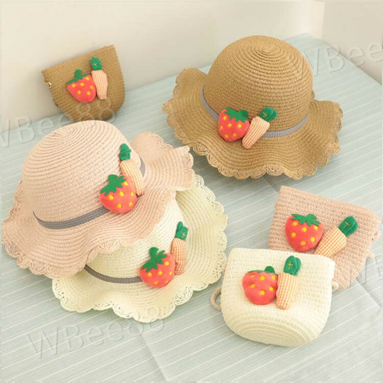 2点セット 麦わら帽子 バック キッズ用 ハット 折りたたみ UVカット 日除け イチゴ...
