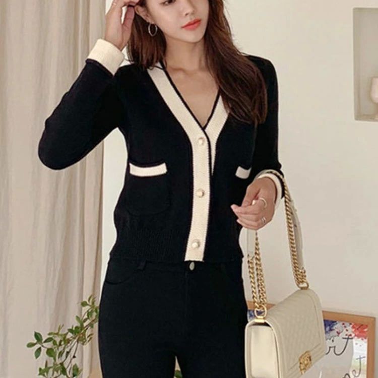 バイカラー レディース 春 長袖 エレガント 羽織り カーディガン ニット 秋 冬 きれいめ Vネック ニットカーディガン セーター トップス アウター 上品 レトロボタン レトロ 韓国ファッション 黒 白