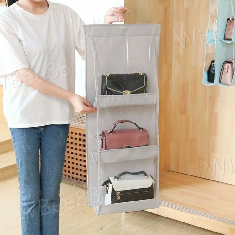 バッグ 収納 吊り下げ 3段式 4段式 クローゼット バッグ収納 棚ラック カバン置き 吊り下げ式バッグ収納ハンガー 無地 中身可視 バッグ収納ホルダー カバン収納 フック付き 収納用品 壁掛け 防塵 整理整頓 お片付け