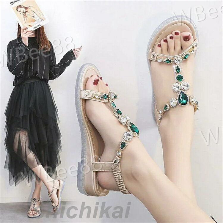 サンダル レディース 履きやすい 夏 サンダル ストラップサンダル 厚底靴 ウェッジソール キラキラ ぺたんこ 歩きやすい 美脚 大人 新作 ボヘミア風