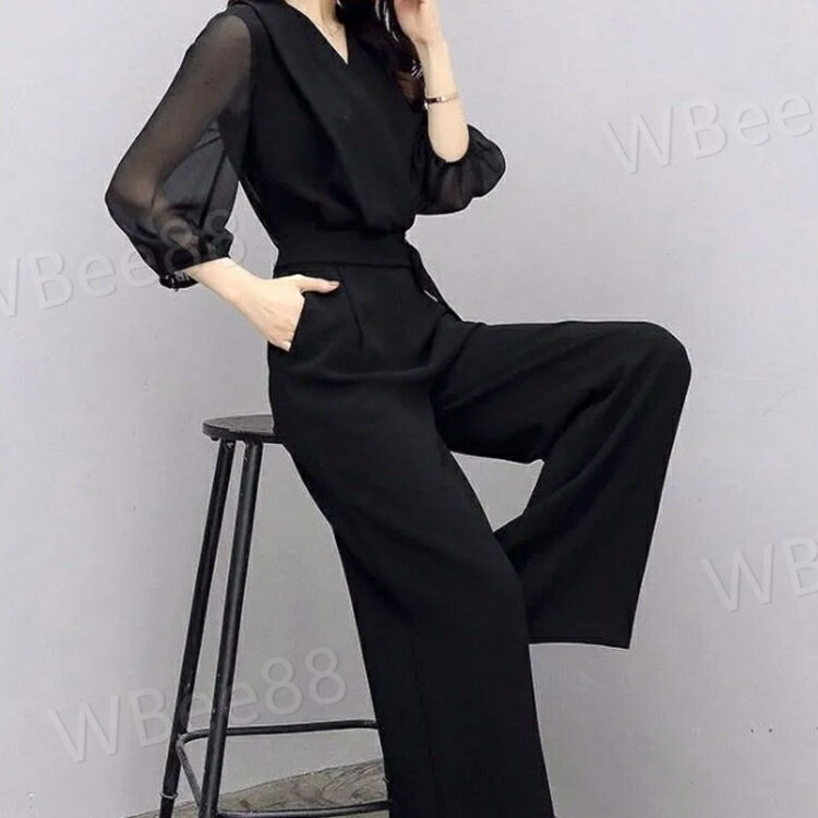 パンツドレス 結婚式 パーティードレス ロング丈 オールインワン ドレス 七分袖 ワイドパンツ レディース Vネック オーバーオール 卒業式スーツ 母 春 夏 秋 体型カバー 袖あり 大きいサイズ パーティー 披露宴 二次会 20代 30代 40代 50代 シースルー