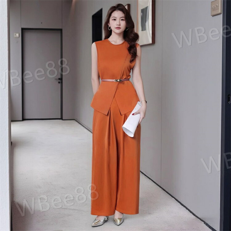 2点セット セットアップ パンツ パンツドレス 結婚式 お呼ばれドレス かっこいいパンツドレス ジャンプスーツ ノースリーブ ワイドパンツ オレンジ ベルト付 春 夏 20代 30代 40代 新作 きれいめ 大人 おしゃれ 無地