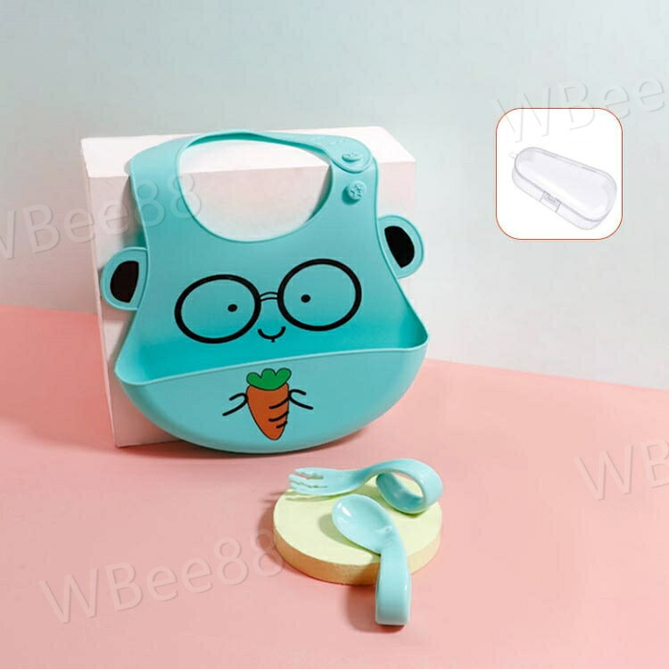 WBee88の離乳食はじめてセット 持ちやすい 4点セット 子供 スプーン お食事エプロン 収納ケース付き 赤ちゃん 食器 子供用スプーン ベビー フォーク おしゃれ 出産祝い 食器セット 握りやすい 練習トレーニング 自分で食べる プレゼント ギフト 離乳食｜アングル2