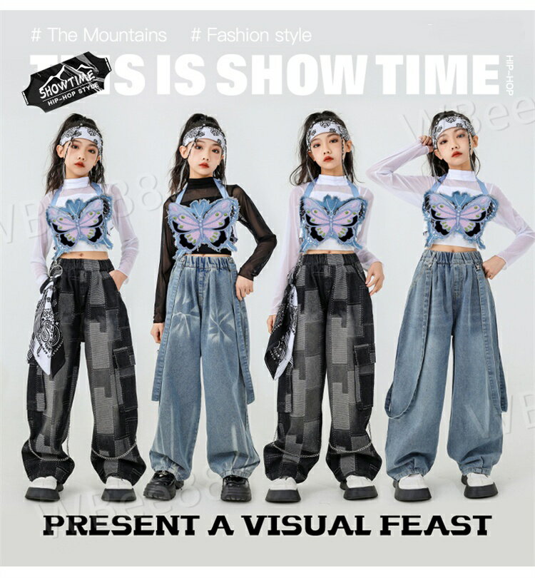 ダンス衣装 女の子 蝶のキャミソール ブラック長袖 ホワイト長袖 hiphop K-pop 舞台 団体服 演出服 キ..