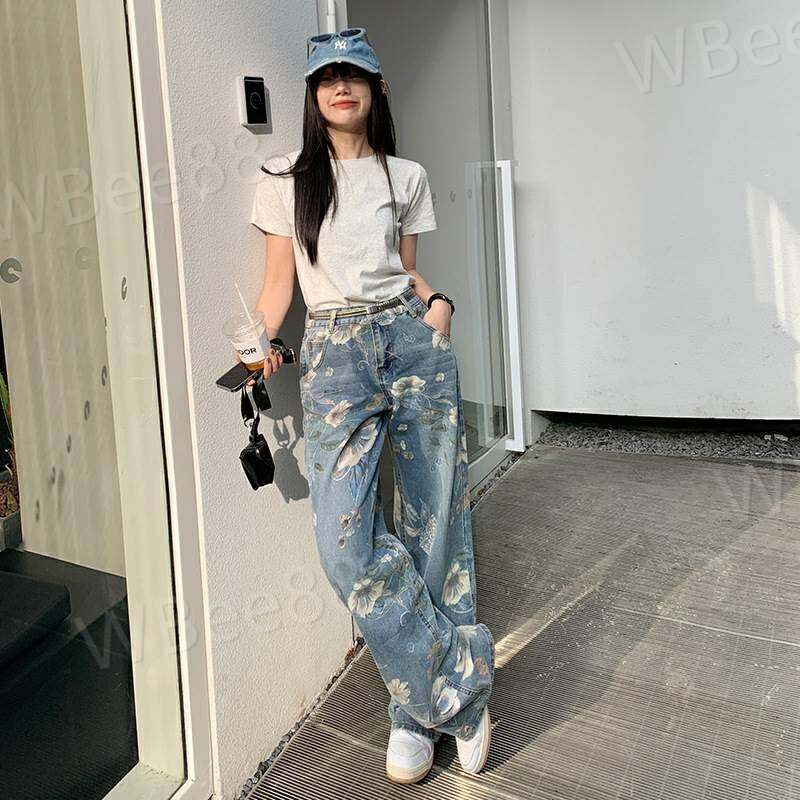 데님 팬츠 청바지 지팡이 꽃무늬 데님 바지 옅은 개성적인 여성 귀여운 어른 귀여운 캐주얼 하의 세련된 세련된 멋진 레트로 소화감 러프 큐트 쿨 우아한 주인공 존재감 10대 20대