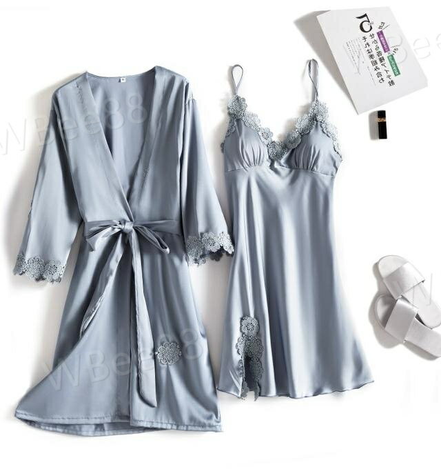 Room Wear - ルームウェア レディース 可愛い 上下セット ワンピース パジャマ レディース かわいい 春 夏 秋 ネグリジェ ナイトウェア 部屋着 寝巻き ナイトドレス ツーピース セットアップ シルク風 サテン風 光沢 レース セクシー とろみ感 キャミワンピ ガウン V