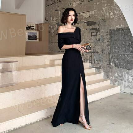 乐天商城 - パーティードレス ロング ドレス ワンショルダー 袖あり 黒 無地 カッコイイ クール スレンダー セクシー 個性的 アシンメトリー 結婚式 二次会 お呼ばれ フォーマル 演奏会 ピアノ 発表会 ドレス ワンピース 大人 かっこいい 可愛い セクシー マキシ丈 肩出し
