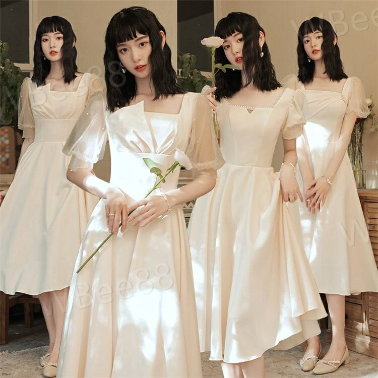 ドレス ミモレ丈 ウェディングドレス 白 エレガント 結婚式 二次会 ドレス 白ワンピース 花嫁 パブ袖 ピアノ 発表会 白ワンピース 忘年会 ウェディングドレス パーティードレ