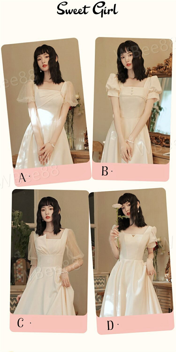 ドレス ミモレ丈 ウェディングドレス 白 エレガント 結婚式 二次会 ドレス 白ワンピース 花嫁 パブ袖 ピアノ 発表会 白ワンピース 忘年会 ウェディングドレス パーティードレ