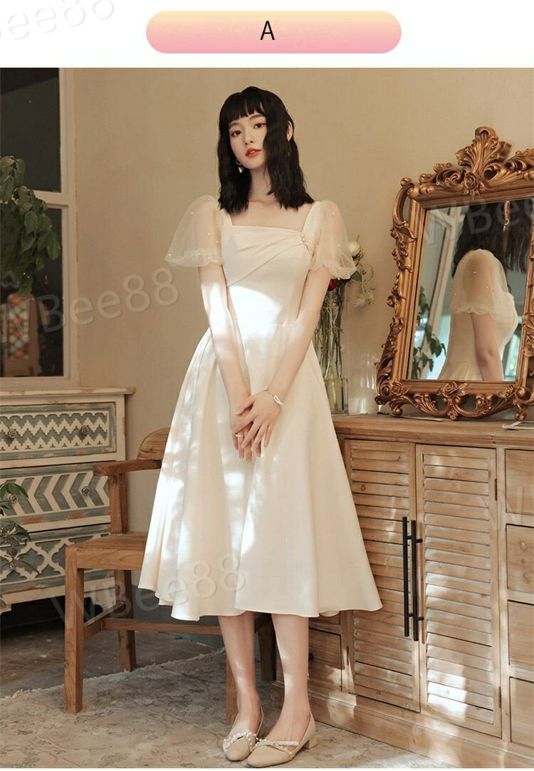 ドレス ミモレ丈 ウェディングドレス 白 エレガント 結婚式 二次会 ドレス 白ワンピース 花嫁 パブ袖 ピアノ 発表会 白ワンピース 忘年会 ウェディングドレス パーティードレ