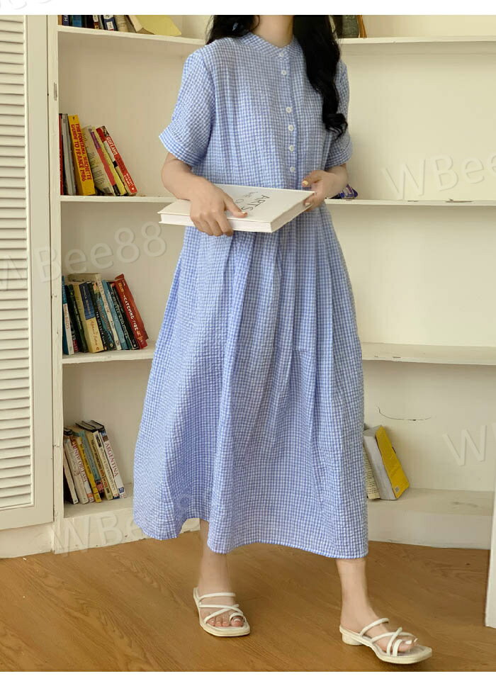可愛い お呼ばれ 女性 体型カバー チェック ロング丈ワンピ きれいめ ボリューム袖 半袖 ロング丈 チェック柄 夏 春