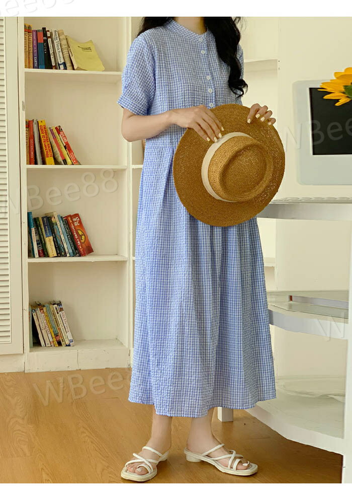 可愛い お呼ばれ 女性 体型カバー チェック ロング丈ワンピ きれいめ ボリューム袖 半袖 ロング丈 チェック柄 夏 春